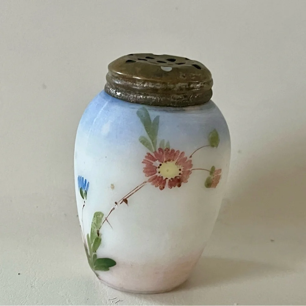 Hand-Painted Milk Glass Floral Salt Shaker with Metal Lid